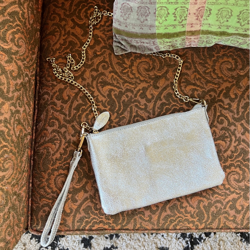 Street Level Metallic Silver Leather Clutch Crossbody Chain Strap